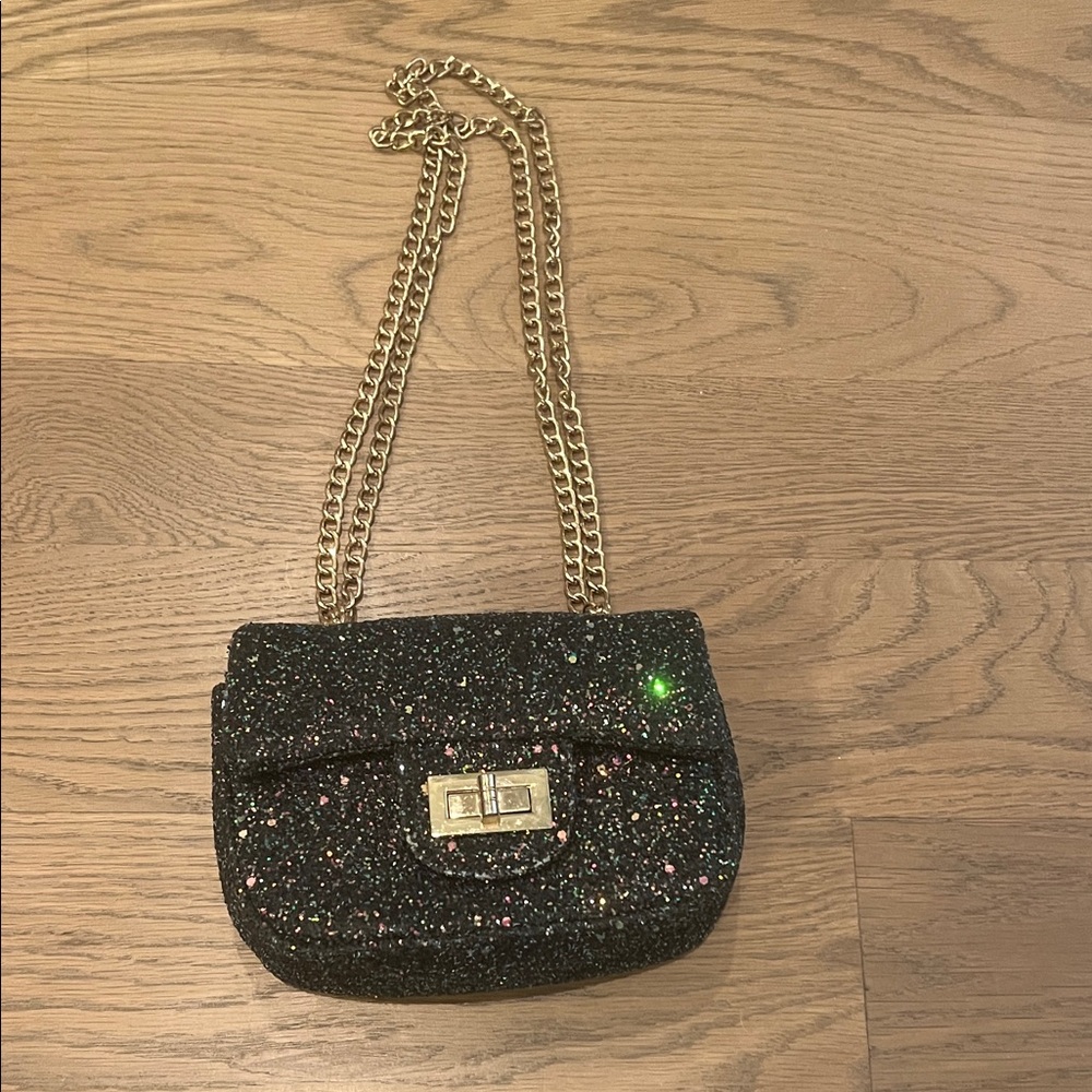 Girls' Black Glitter Mini Chain Shoulder Bag with Gold Hardware